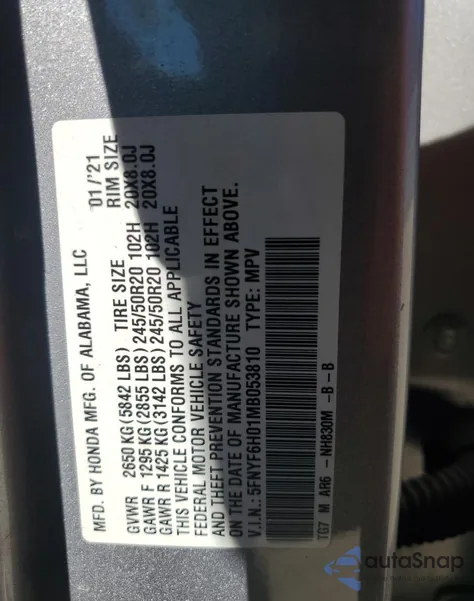 2021 Honda Pilot Elite from USA, damaged, VIN 5FNYF6H01MB053810